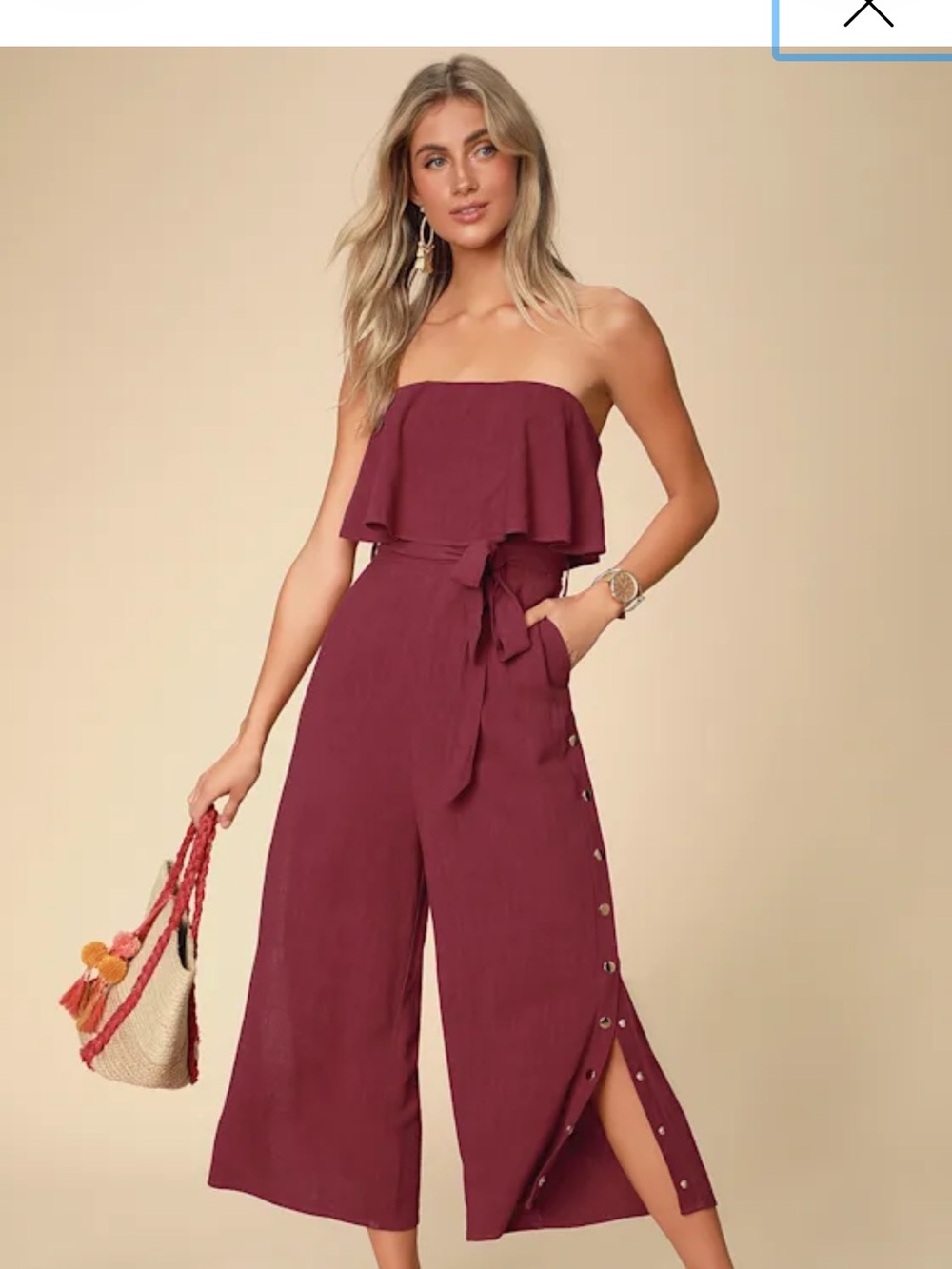 Lulu's Strapless Ruffle Wide-Leg Jumpsuit in Wine